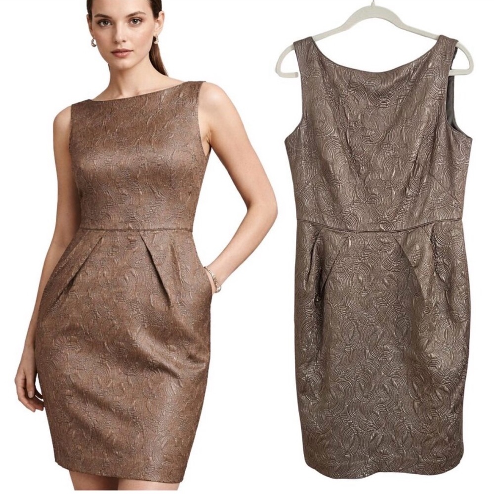 Banana Republic Dress Womens 10 Metallic Brocade Jacquard Sheath Pencil V-Back